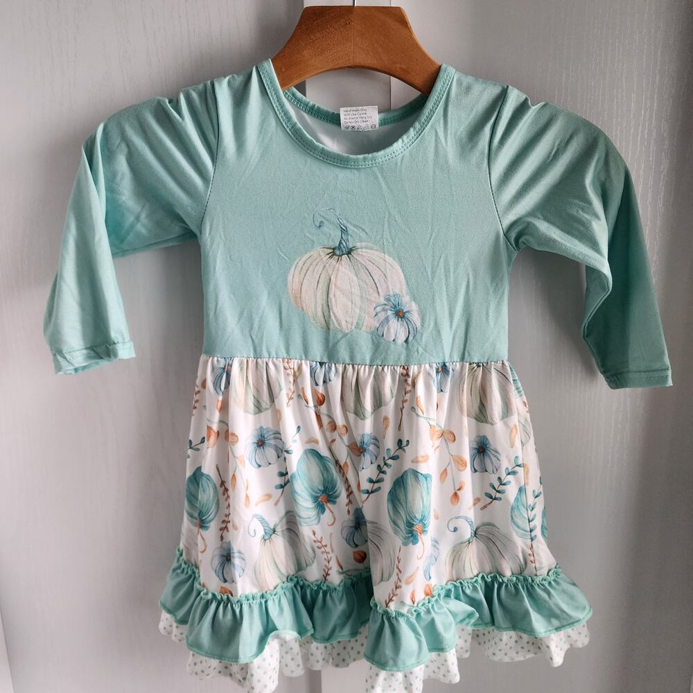 Small shop Pumpkin Fall Floral Mint Ruffle Dress Toddler Girl Size 2 Super Soft‎